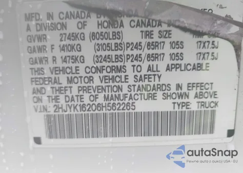 2006 Honda Ridgeline Rt from USA, damaged, VIN 2HJYK16206H562265